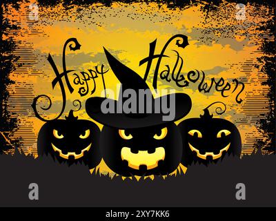 Ein Halloween-Schild mit drei Kürbissen und einer Hexe drauf. Das Schild ist schwarz und orange. Auf dem Poster steht „Happy Halloween“ in fetten Buchstaben Stock Vektor