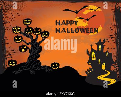 Ein Halloween-Poster mit einem Baum und einem Haus im Hintergrund. Der Baum hat viele Kürbisse und das Haus hat einen gruseligen Blick. Die poste Stock Vektor