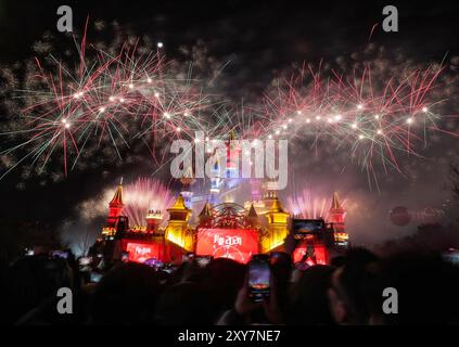 (240828) -- PEKING, 28. August 2024 (Xinhua) -- dieses Foto vom 1. Januar 2024 zeigt ein Feuerwerk über dem Fantawild-Abenteuer in Shenyang, nordöstlicher chinesischer Provinz Liaoning. Während die boomende Nachtwirtschaft in Chinas Nordostregion den Einheimischen und Touristen in den letzten Jahren ein buntes Nachtleben bietet, hat sie dem Wachstum der lokalen Wirtschaft Impulse gegeben. (Xinhua/Long Lei) Stockfoto