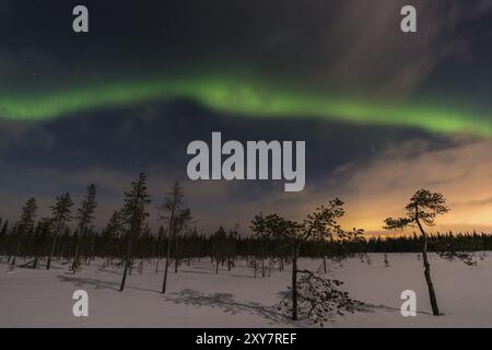 Nordlichter über Winterlandschaft, Gaellivare, Norrbotten, Lappland, Schweden, Februar 2016, Europa Stockfoto