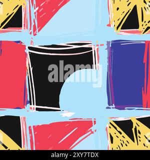 Abstrakter handgezeichneter Hintergrund. Farbenfrohe geometrische Muster mit Formen und Schattierungen bilden eine lebendige visuelle Komposition. Skizzierte Quadrate und Stock Vektor