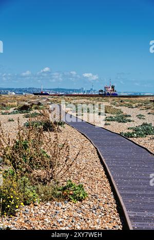 Ein kleines Frachtschiff, das an einem sonnigen Sommertag in den Hafen von Shoreham einfährt, West Sussex England Großbritannien Stockfoto