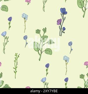 Nahtloses Blumenmuster mit wunderschönen rosa lila und blauen Blüten. Skizzierte Vektordarstellung Stock Vektor