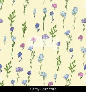 Nahtloses Muster mit wunderschönen rosa lila und blauen Blumen. Skizzierte Vektorillustration mit Wildblumen Stock Vektor