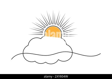 Sonne und Wolke durchgehende eine Linie Zeichnung des Symbols für isolierte Kontur-Silhouettenvektoren Stock Vektor