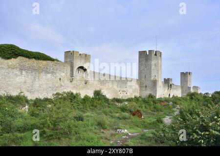 Blick auf die alte Stadtmauer von Visby in gotland in Schweden. Blick auf die alte Stadtmauer bei visby in gotland Stockfoto