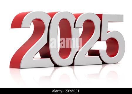 2025 in 3D-Zahlen auf reflektierender Oberfläche, die das neue Jahr und die Zukunftsperspektiven symbolisieren. Stockfoto