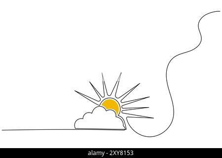 Sonne und Wolke durchgehende eine Linie Zeichnung des Symbols für isolierte Kontur-Silhouettenvektoren Stock Vektor