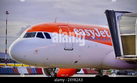 Nasenspitze eines Airbus A320 der Fluggesellschaft EasyJet - Easy Jet Rolltreppe - Euro Airport Basel Mulhouse Freiburg, Schweiz, Frankreich, Deutschland, Europa - Luftfahrt, Flughafen, Reise, Symbolfoto *** Nasenspitze eines Airbus A320 der Fluggesellschaft EasyJet Easy Jet Rolltreppe Euro Airport Basel Mulhouse Freiburg, Schweiz, Frankreich, Deutschland, Europa Luftfahrt, flughafen, Reise, symbolisches Foto Copyright: xJoeranxSteinsiekx Stockfoto