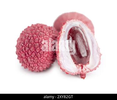 Portion Litschis als detaillierte Nahaufnahme auf einer Schiefertafel Tafel (Tiefenschärfe) Stockfoto