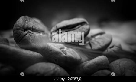 Ein Haufen Kaffeebohnen, die zusammen gestapelt sind und zu einer köstlichen Tasse Kaffee gebrüht werden können. Nahaufnahme gerösteter Arabica-Kaffeebohnen. Verschiedene Typen Stockfoto