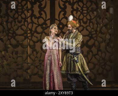 Marius Petipa brachte 1877 die Choreographie LA BAYADERE auf die Bühne in St. Petersburg. Glücklicherweise sind die Anmerkungen des Originals Prese Stockfoto