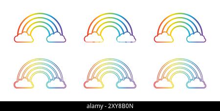 Vektorsatz des Regenbogensymbols. Wolken- und Regenbogensymbol im Linienstil. Kontur, flach, Farbe, Verlauf. Vektorabbildung. Stock Vektor