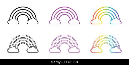 Regenbogensymbol in einem anderen Stil. Wolken- und Regenbogensymbol im Linienstil. Kontur, flach, Glyphe, Farbe, Verlauf. Flaches Design. Vektorsymbol. Stock Vektor