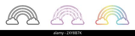 Regenbogensymbol in einer anderen Stilfarbe. Wolken- und Regenbogensymbol im Linienstil. Kontur, flach, Glyphe, Farbe, Verlauf. Vektorabbildung. Stock Vektor