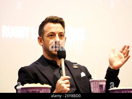 Urayasu, Japan. August 2024. Der ehemalige schottische Rugbyspieler Graig Laidlaw spricht auf einer Pressekonferenz, als er am Mittwoch, den 28. August 2024, Cheftrainer des japanischen Profi-Rugbyteams Urayasu D-Rocks in Urayasu, Tokio, wurde. Laidlaw wird durch den ehemaligen Cheftrainer Johan Ackermann ersetzt und Ackermann wurde Berater der Mannschaft. (Foto: Yoshio Tsunoda/AFLO) Stockfoto