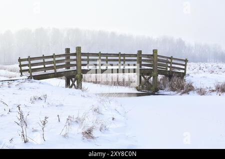 Holzbrücke über den gefrorenen Fluss im Winter Stockfoto