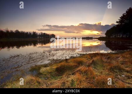 Dramatischer Sonnenuntergang über dem wilden See in dwingelderveld, Drenthe Stockfoto