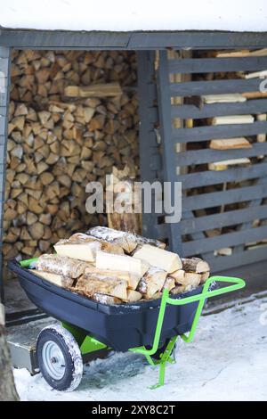 Brennholz im Winter gestapelt. Holzhaufen mit Schnee für Brennholz. Wagen mit Holz Stockfoto