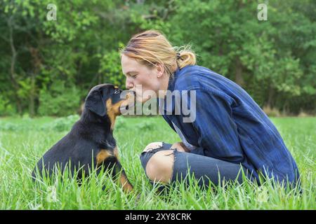 Junge kaukasische Hundebesitzerin küsst Rottweiler-Welpen auf Kopf auf einer Naturwiese Stockfoto