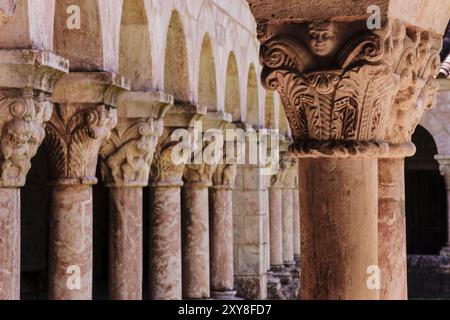 Columnas y capiteles, claustro del siglo XII, monasterio benedictino de Sant Miquel de Cuixa, ano 879, pirineos orientales, Francia, Europa Stockfoto