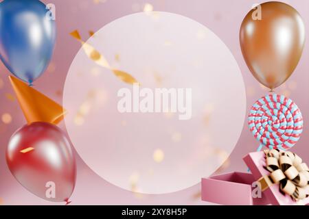 Bunte Ballons und Geschenke schaffen eine festliche Atmosphäre für eine Feier oder Party. 3D-Rendering Stockfoto