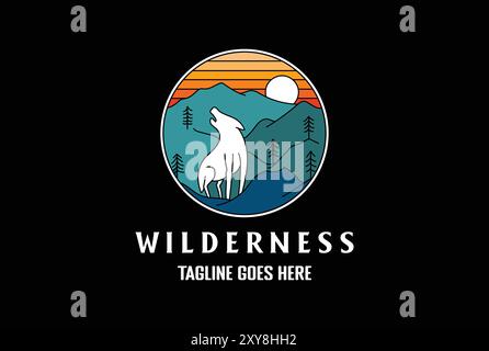 Circular Hewling Wolf Line Outline Style für Outdoor Adventure T Shirt Logo Design Vektor Stock Vektor