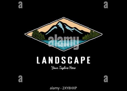 Emblem-Abzeichen Bergkiefer Evergreen Conifer Fir Trees Forest mit Lake River Creek für Outdoor-Abenteuer Rafting Kajak Kanu T Shirt Logo Design Stock Vektor