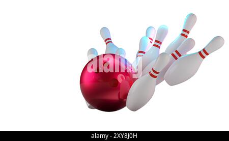 Rote Bowlingkugel Schlagstifte transparenter Hintergrund 3d Stockfoto