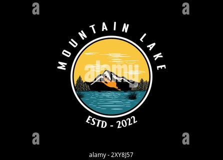 Sunset Mountain Pine Evergreen Conifer Fir Trees Forest mit Lake River Creek und Flying Stork Heron Flamingo Logo Design Stock Vektor