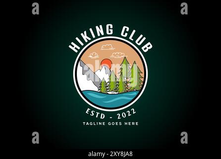 Kiefer immergrüne Fichte Lärche Zypresse Tannenwald mit Ice Snow Mountain und River Creek Lake für Outdoor Logo Design Stock Vektor