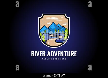 River Creek Mountain mit Tannenwald-Emblem für Outdoor Wander Camp Adventure Logo Design Stock Vektor