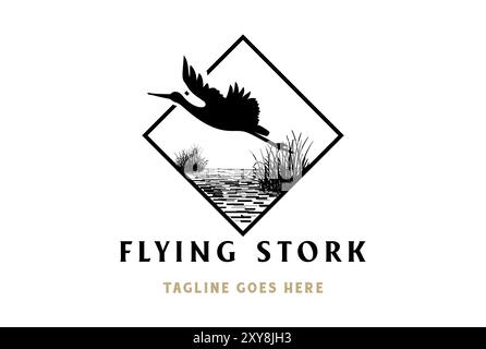 Square Flying Stork Heron Silhouette Vogel mit Grass River Creek Lake Swamp Logo Design Vektor Stock Vektor