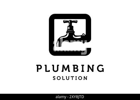 Vintage quadratische Rohr mit Wasserhahn für Armatur Sanitär Service Logo Design Vektor Stock Vektor