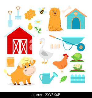 Stelle die Farm im Cartoon-Stil ein. Die Abbildung zeigt eine Scheune, eine Ziege, eine Gans, einen Hahn, ein Huhn, Eier, Hund und Zwinger, Scheune, Zaun, Gießkanne, Rechen. Stock Vektor