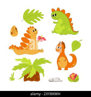 Set aus niedlichen und niedlichen Dinosauriern im Cartoon-Stil für Kinder. Grünes und oranges prähistorisches Tier, alter Baum und Blume, Steine, Ei und Blätter. Stock Vektor