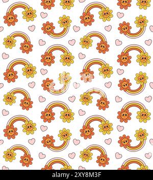Nahtloses Vektor-Muster des groovigen Zeichentrickfilms Retro-Regenbogens mit Blumen isoliert auf weißem Hintergrund Stock Vektor