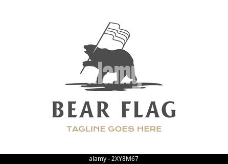 Standing Ice Polar Grizzlybär Silhouette Hold American US Swoosh Flag Logo Design Stock Vektor