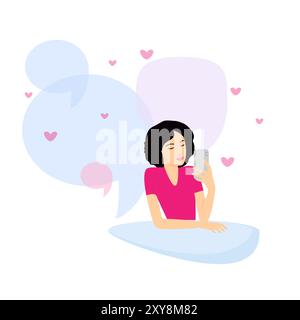 Das Mädchen sendet online oder macht ein Selfie am Telefon. Der Hintergrund ist übersät mit Symbolen für Dialoge und Likes. Influencer. Stock Vektor