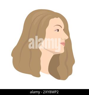 Der Kopf der Frau in Nahaufnahme des Profils. Das Mädchen hat ihre Haare unten und Ina lächelt. Vektorillustration mit flachem Design isoliert auf weißem Hintergrund. Stock Vektor