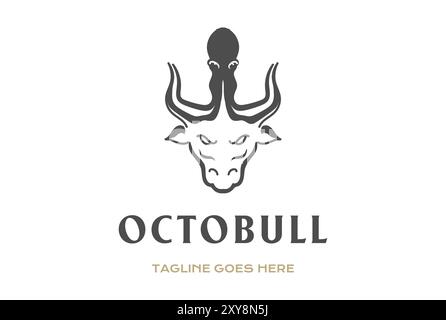 Vintage Retro Angus Rindersohn mit Tintenfisch Tintenfisch Tintenfisch Tintenfisch Tintenfisch für Rindfleisch oder Meeresfrüchte Restaurant Produktlogo Design Stock Vektor