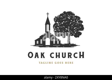 Rustikaler Retro Vintage Eiche Banyan Ahornbaum mit christlicher Kirche Kapelle Logo Design Vektor Stock Vektor