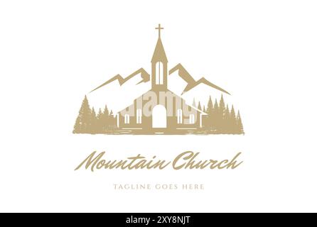 Vintage Bergkiefer immergrüne Fichte Lärche Zypresse Tannenwald mit christlicher Kirche Kapelle Logo Design Stock Vektor