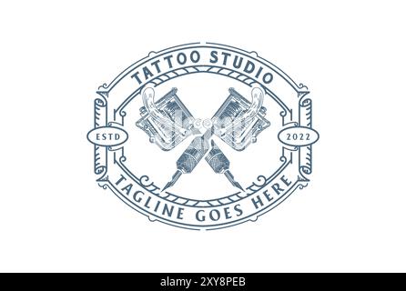 Vintage Retro gekreuzte Tinte Tattoo Maschine Emblem Label für Studio Logo Design Stock Vektor