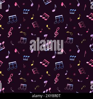 Fliegende farbige Musiknoten nahtloses Aquarellmuster auf schwarzem Hintergrund. Abstrakte Notizsymbole für die Einrichtung des Internationalen Musiktags Stockfoto
