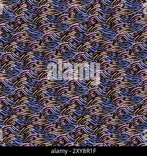 Fliegende abstrakte Musikwellen und Musiknoten Wasserfarbendichte nahtlose Muster auf schwarzem Hintergrund. Mehrfarbige Notensymbole für Musical Stockfoto