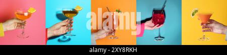 Verschiedene Cocktails in den Händen der Menschen auf verschiedenfarbigen Hintergründen, Collage Stockfoto
