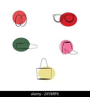 Fünf Accessoires für Mädchen Mode Linie Kunst Brille Schuhe Tasche Stock Vektor