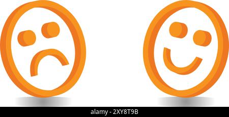 3D Happy and Sad Emoji Schild in gelber Farbe Stock Vektor