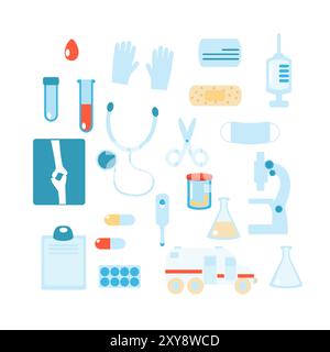 Set im Cartoon Stil Medizin: Stethoskop, Tropfen, Blut, Reagenzglas, Handschuhe, Pflaster, Pillen, Pillen-Blister, Flasche, Mikroskop, Röntgen, Schnappschuss, syri Stock Vektor